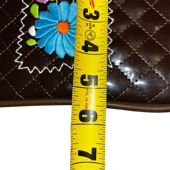 Consuela Quilted Brown Patent w Leather Trim Embroidered Clutch Wristlet NEW - Picture 13 of 14